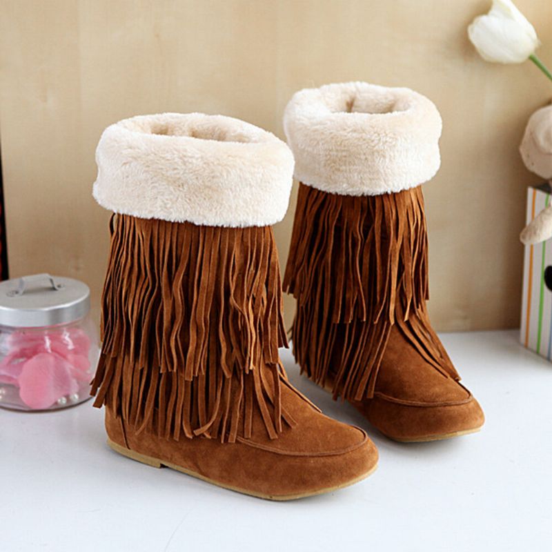 Damen Troddelstiefel Warme Flauschige Mittelhohe Schneestiefel Mit Flansch