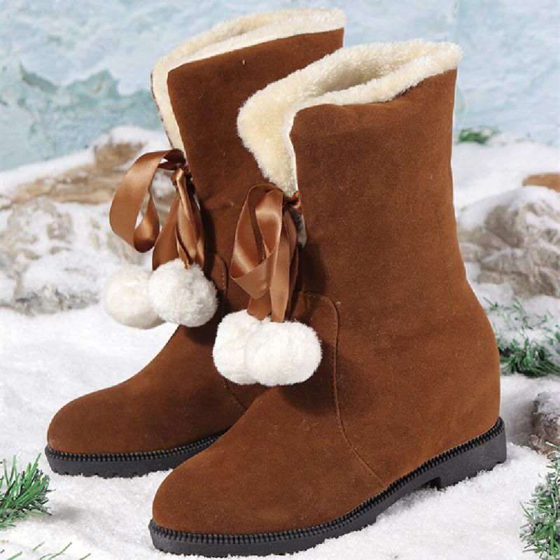 Einfarbige Lässige Elegante Bommel-schleife Warme Flauschige Schneestiefel Für Damen