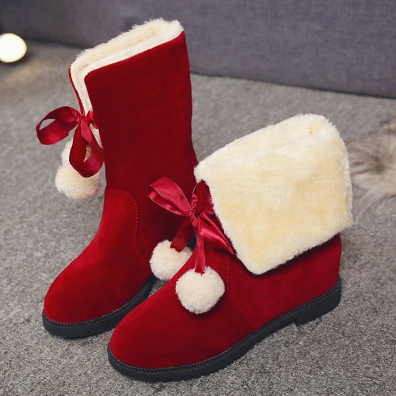 Einfarbige Lässige Elegante Bommel-schleife Warme Flauschige Schneestiefel Für Damen