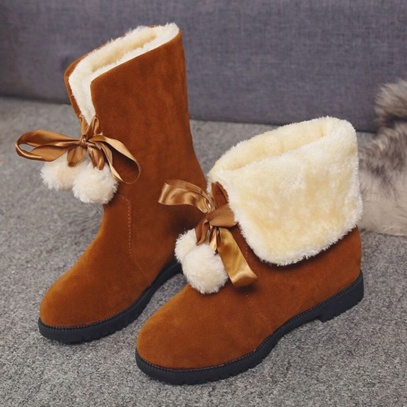 Einfarbige Lässige Elegante Bommel-schleife Warme Flauschige Schneestiefel Für Damen