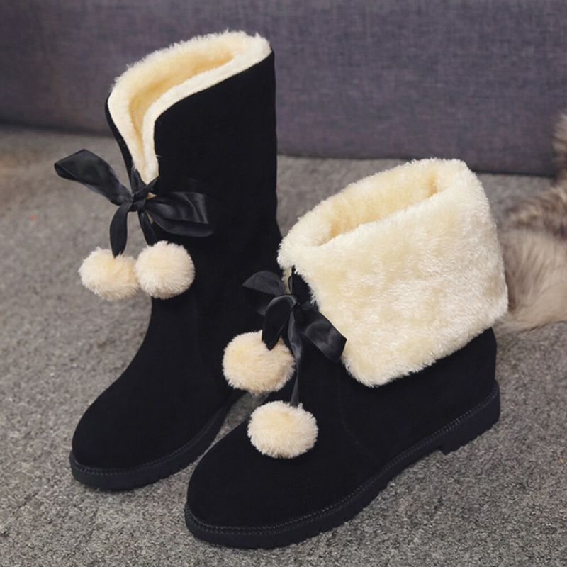 Einfarbige Lässige Elegante Bommel-schleife Warme Flauschige Schneestiefel Für Damen