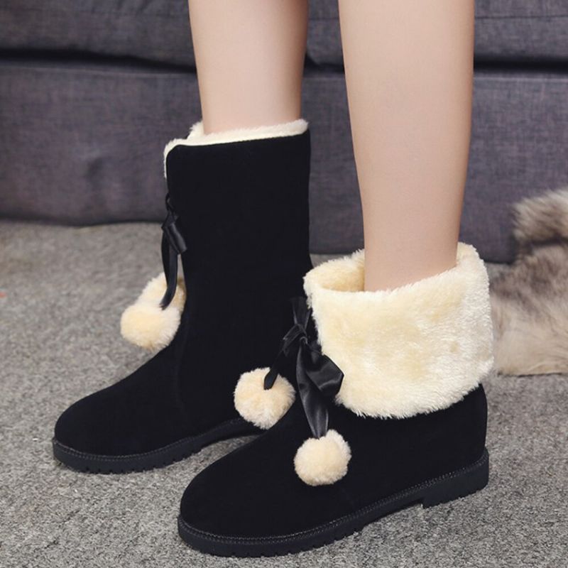 Einfarbige Lässige Elegante Bommel-schleife Warme Flauschige Schneestiefel Für Damen