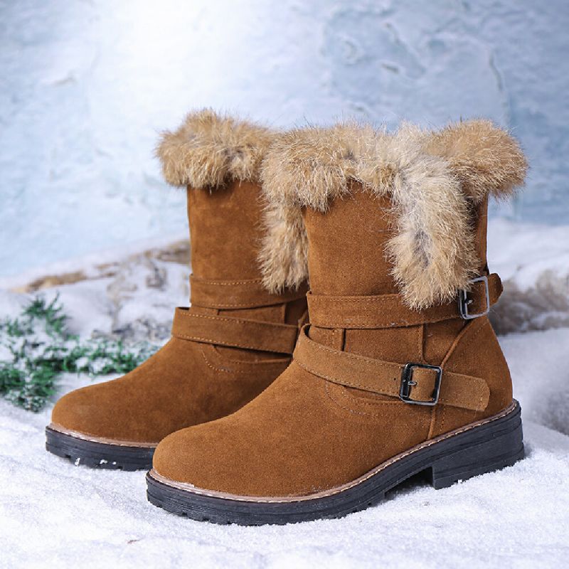 Einfarbige Runde Zehenschuhe Für Damen Lässig Elegant Mit Schnalle Fluff Flanging Schneestiefel