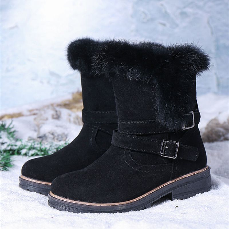 Einfarbige Runde Zehenschuhe Für Damen Lässig Elegant Mit Schnalle Fluff Flanging Schneestiefel