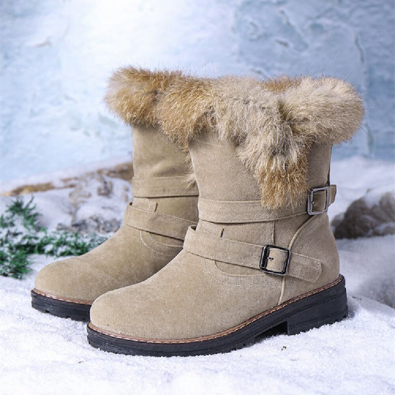 Einfarbige Runde Zehenschuhe Für Damen Lässig Elegant Mit Schnalle Fluff Flanging Schneestiefel