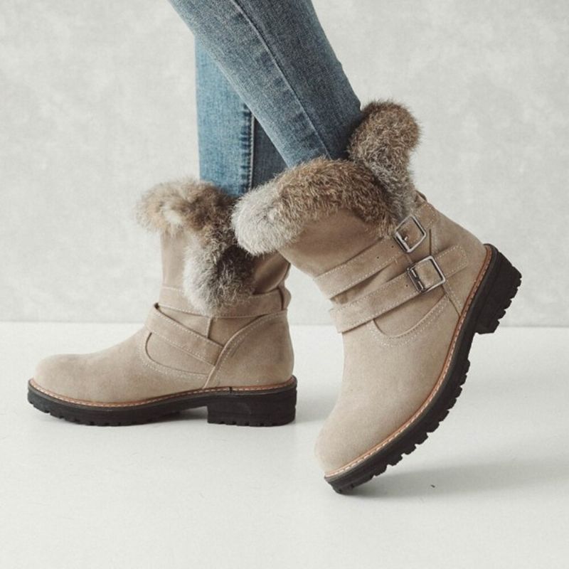 Einfarbige Runde Zehenschuhe Für Damen Lässig Elegant Mit Schnalle Fluff Flanging Schneestiefel