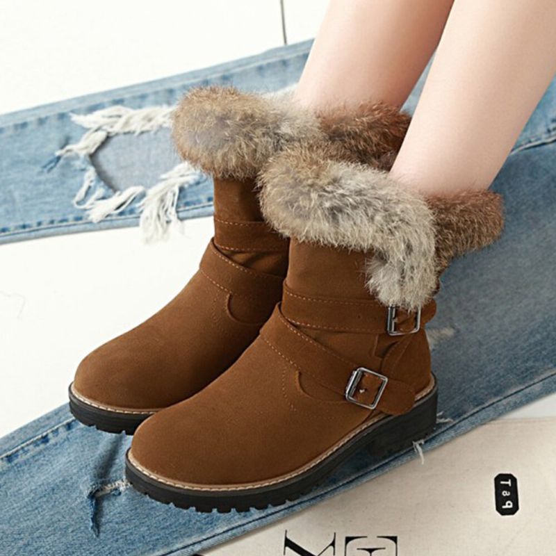 Einfarbige Runde Zehenschuhe Für Damen Lässig Elegant Mit Schnalle Fluff Flanging Schneestiefel