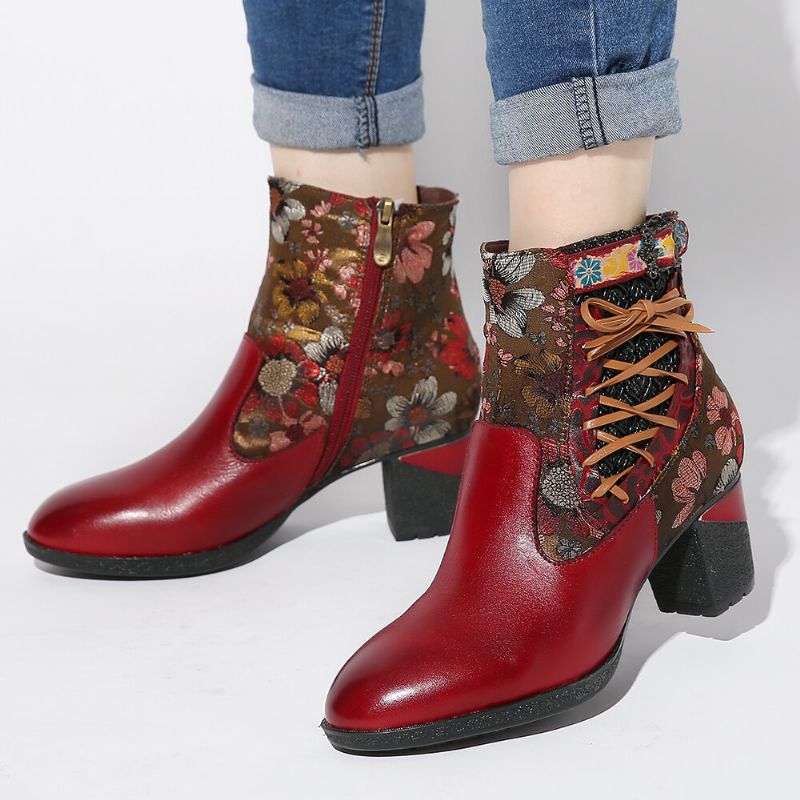 Elegante Blumenspleißung Warm Gefütterter Reißverschluss Chunky Heel Chelsea Boots