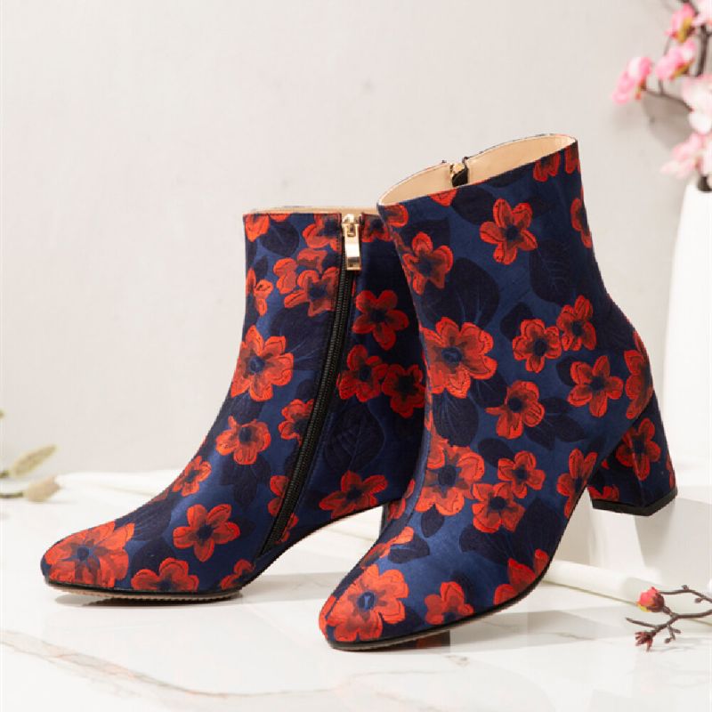 Eleganter Floral Bedruckter Satin Bequemer Seitlicher Reißverschluss Modische Kurze Stiefel Mit Klobigem Absatz