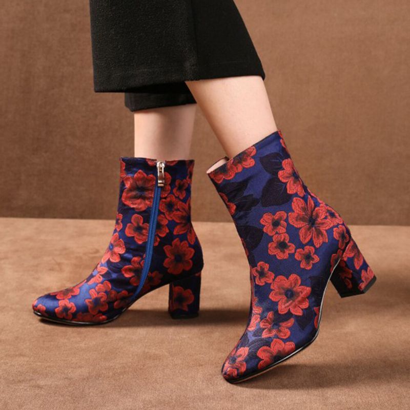 Eleganter Floral Bedruckter Satin Bequemer Seitlicher Reißverschluss Modische Kurze Stiefel Mit Klobigem Absatz