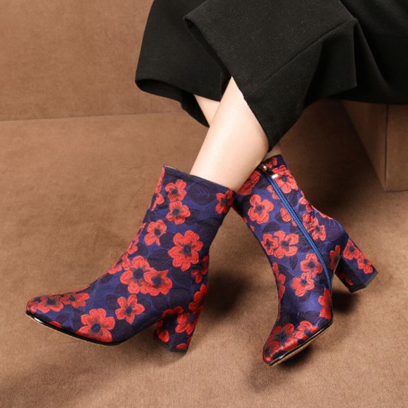 Eleganter Floral Bedruckter Satin Bequemer Seitlicher Reißverschluss Modische Kurze Stiefel Mit Klobigem Absatz