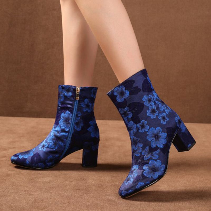 Eleganter Floral Bedruckter Satin Bequemer Seitlicher Reißverschluss Modische Kurze Stiefel Mit Klobigem Absatz