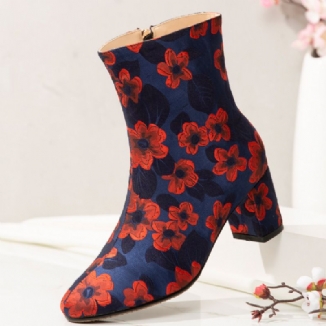 Eleganter Floral Bedruckter Satin Bequemer Seitlicher Reißverschluss Modische Kurze Stiefel Mit Klobigem Absatz