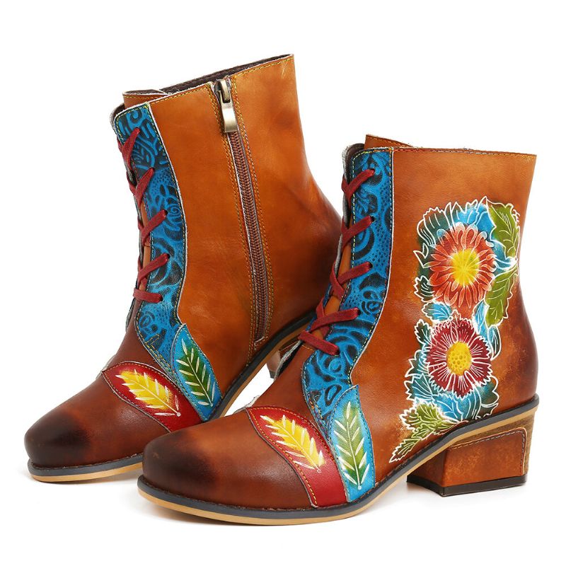 Flache Kurze Stiefel Aus Echtem Leder Mit Retro-blumenmuster Und Prägung