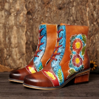 Flache Kurze Stiefel Aus Echtem Leder Mit Retro-blumenmuster Und Prägung