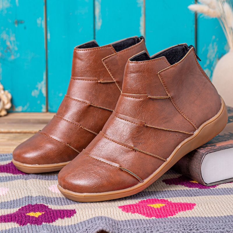 Flache Stiefeletten Im Retro-stil Mit Weicher Sohle Und Reißverschluss Am Rücken Für Damen