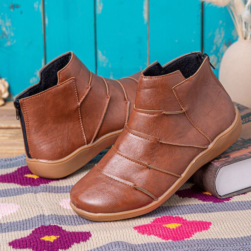 Flache Stiefeletten Im Retro-stil Mit Weicher Sohle Und Reißverschluss Am Rücken Für Damen