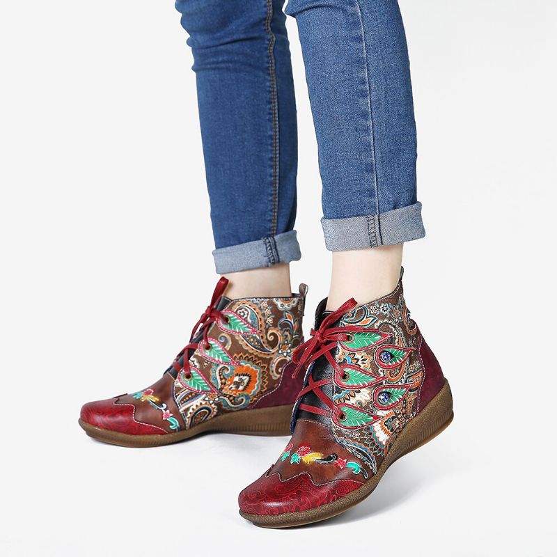 Folkways-muster Rotes Echtleder Weiche Flache Stiefeletten Für Damen