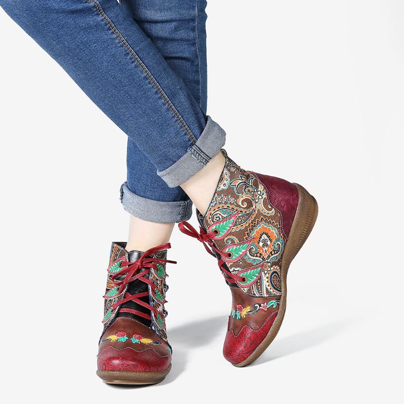 Folkways-muster Rotes Echtleder Weiche Flache Stiefeletten Für Damen