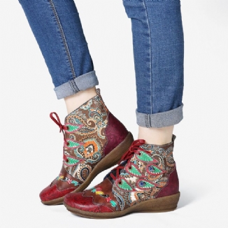 Folkways-muster Rotes Echtleder Weiche Flache Stiefeletten Für Damen