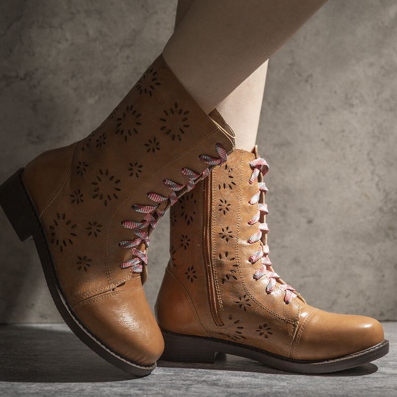 Frauen Blume Aushöhlen Muster Schnüren Chunky Heel Ankle Short Boots