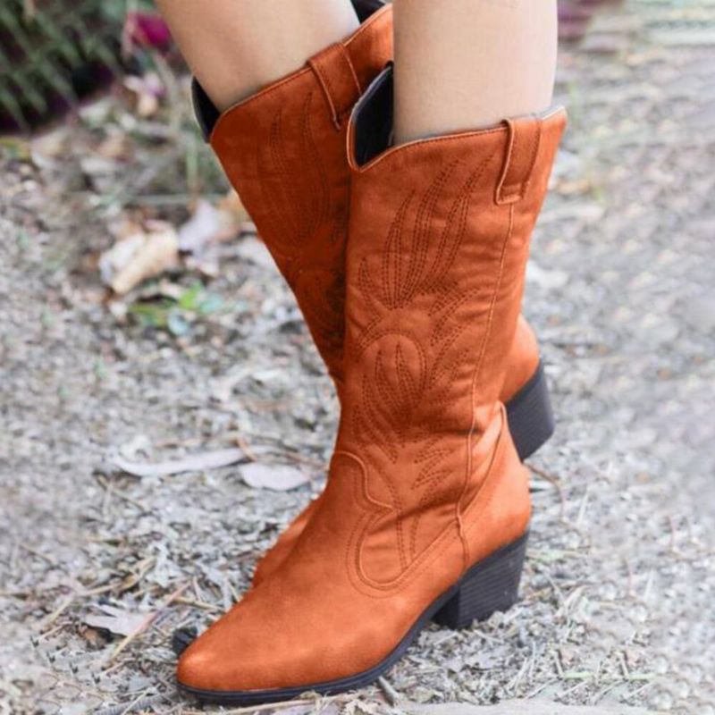 Frauen-leder-stickerei-muster-spitze-zehe Chunky Heel Trendy Ritter-cowboy-stiefel