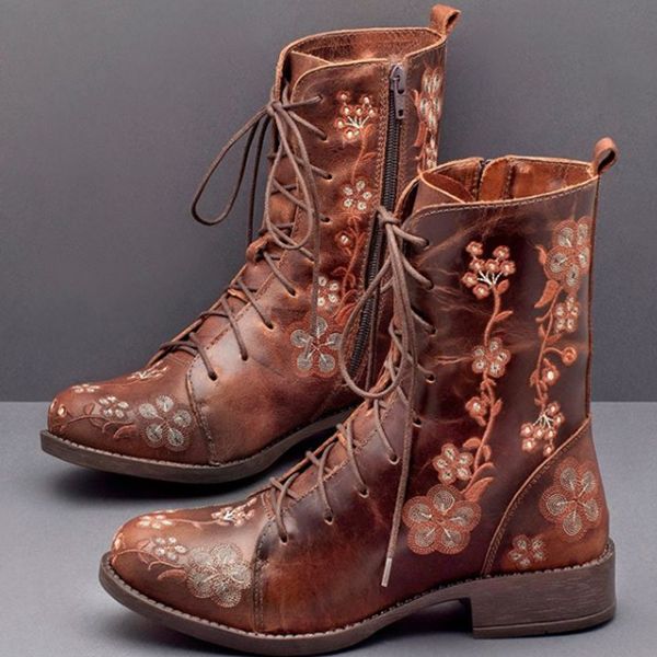 Frauen-retro-blumen-druck-mittlere Waden-stiefel