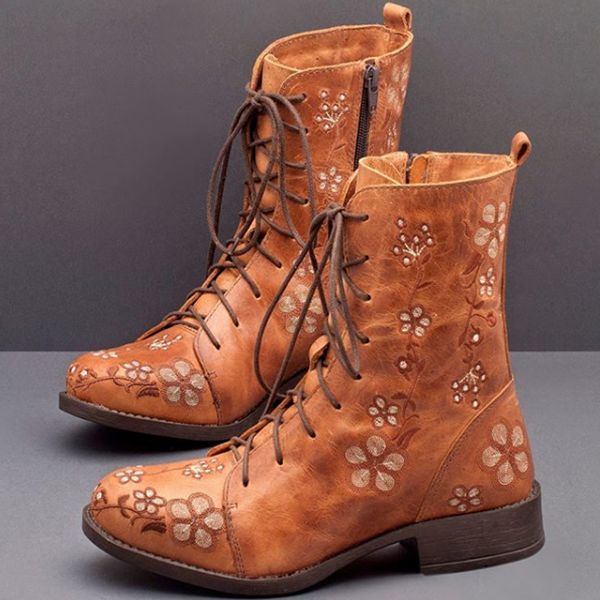 Frauen-retro-blumen-druck-mittlere Waden-stiefel