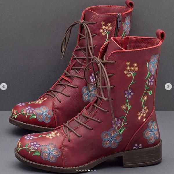 Frauen-retro-blumen-druck-mittlere Waden-stiefel