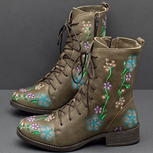 Frauen-retro-blumen-druck-mittlere Waden-stiefel