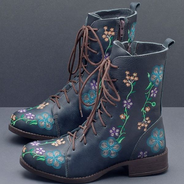 Frauen-retro-blumen-druck-mittlere Waden-stiefel