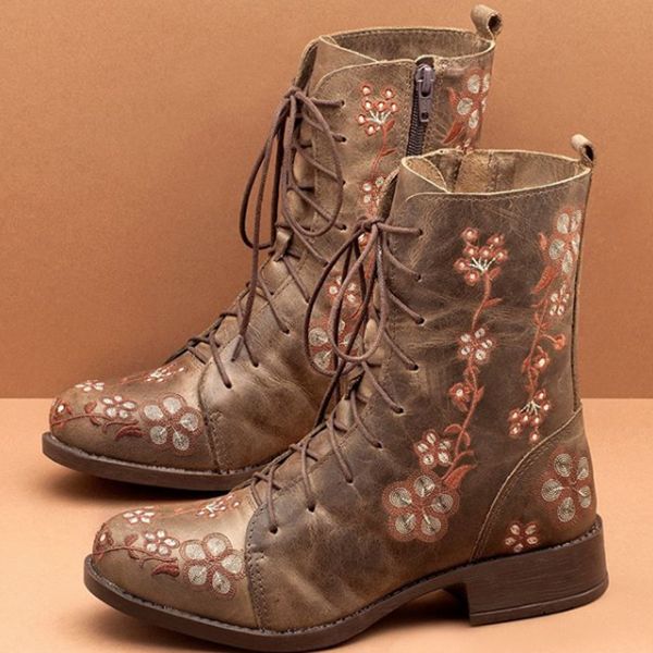 Frauen-retro-blumen-druck-mittlere Waden-stiefel