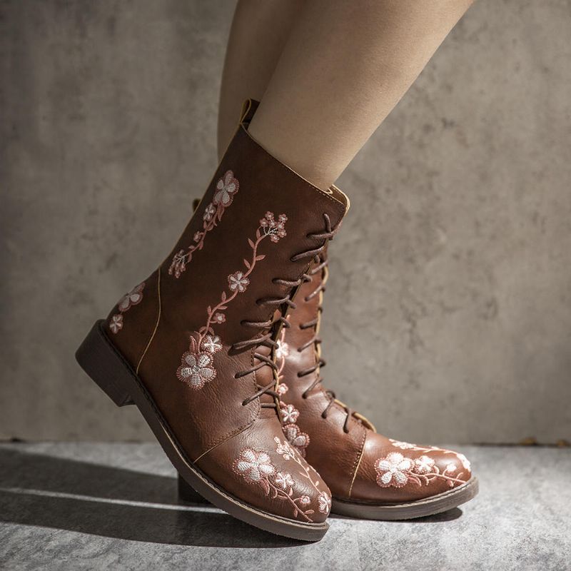 Frauen-retro-blumen-druck-mittlere Waden-stiefel