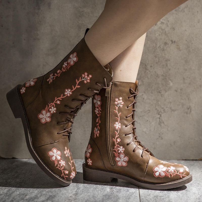 Frauen-retro-blumen-druck-mittlere Waden-stiefel