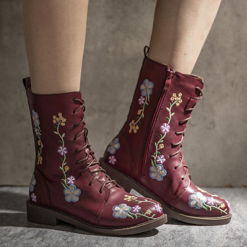 Frauen-retro-blumen-druck-mittlere Waden-stiefel