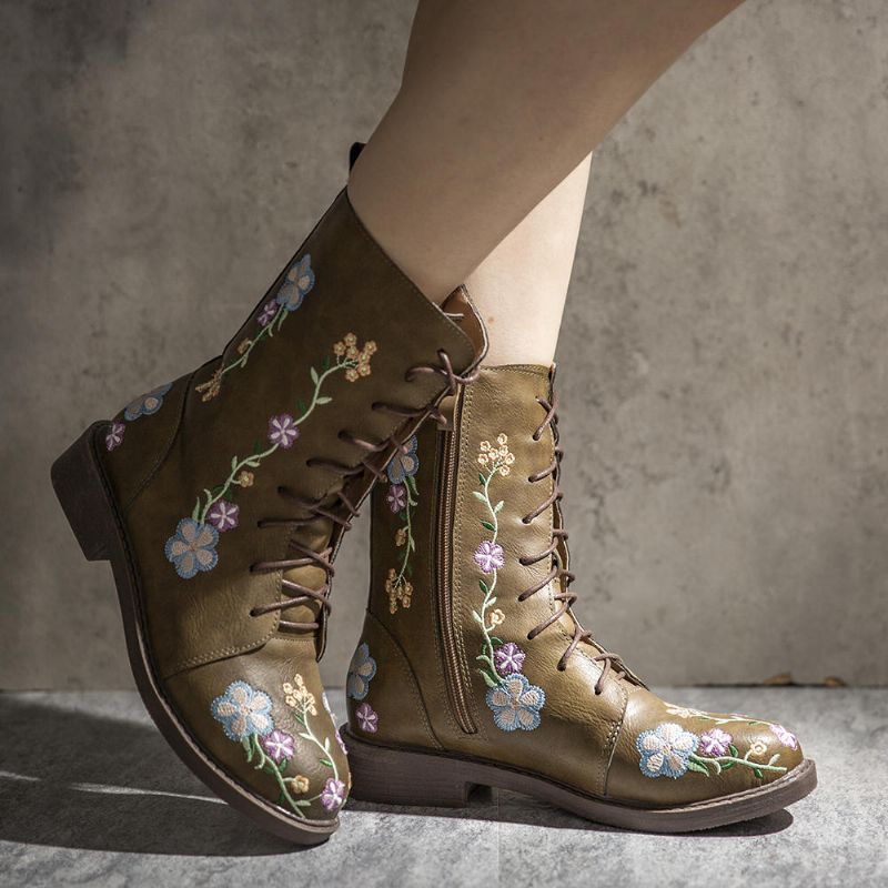 Frauen-retro-blumen-druck-mittlere Waden-stiefel