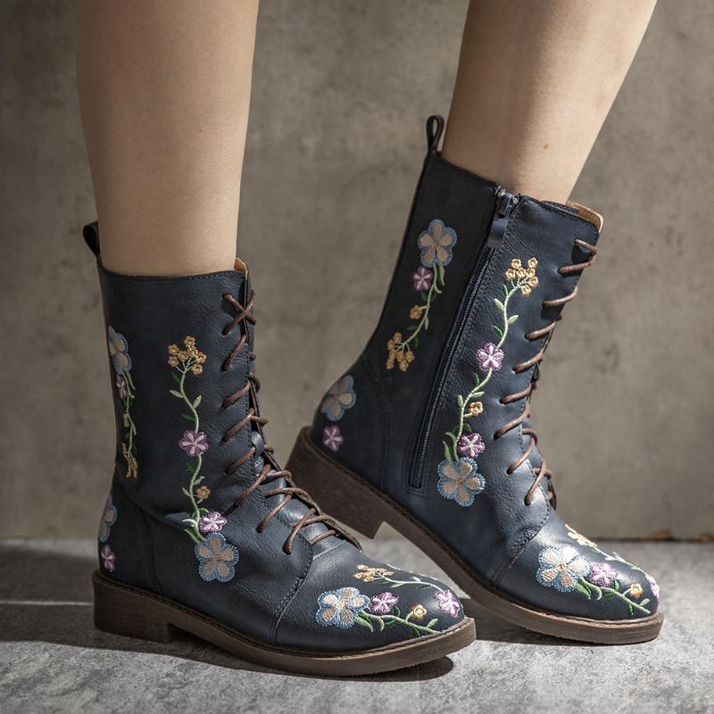 Frauen-retro-blumen-druck-mittlere Waden-stiefel