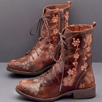 Frauen-retro-blumen-druck-mittlere Waden-stiefel