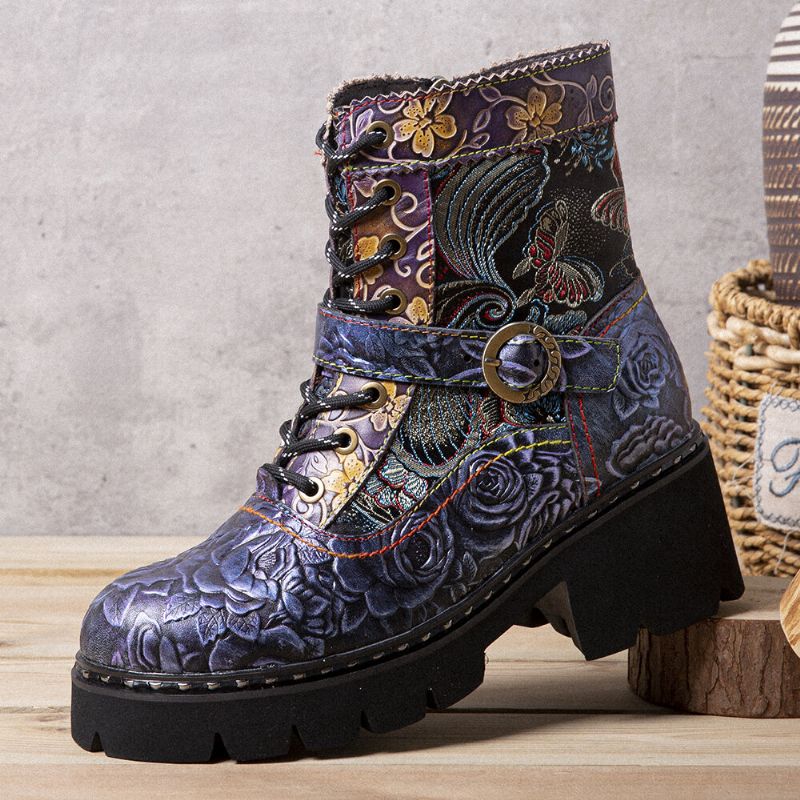 Frauen-retro-ethno-stil Rub Color Seitenreißverschluss-stickerei-leder-mid-tube-stiefel