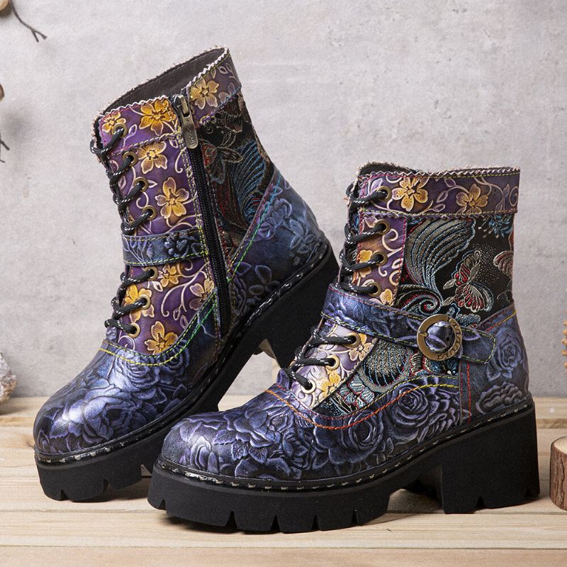 Frauen-retro-ethno-stil Rub Color Seitenreißverschluss-stickerei-leder-mid-tube-stiefel