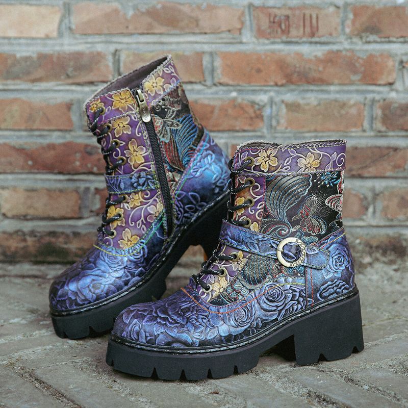 Frauen-retro-ethno-stil Rub Color Seitenreißverschluss-stickerei-leder-mid-tube-stiefel