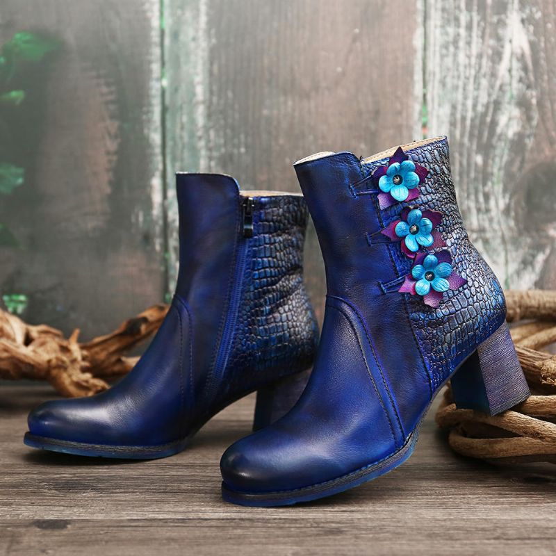 Frauen Retro Handgemachte Blume Leder Stiefeletten