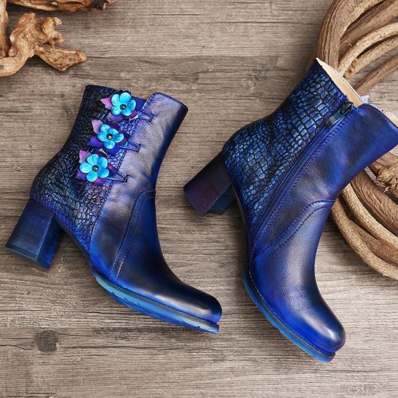 Frauen Retro Handgemachte Blume Leder Stiefeletten