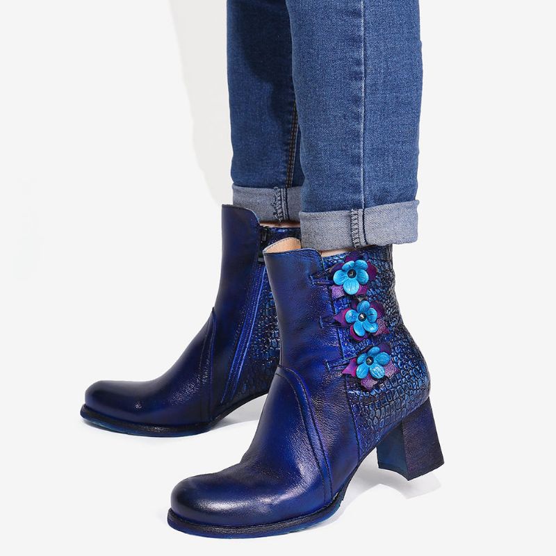 Frauen Retro Handgemachte Blume Leder Stiefeletten