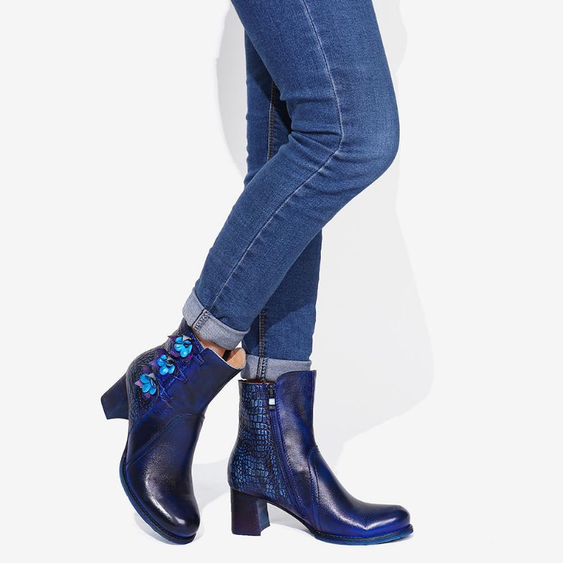 Frauen Retro Handgemachte Blume Leder Stiefeletten