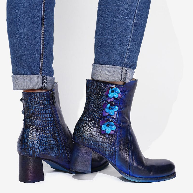 Frauen Retro Handgemachte Blume Leder Stiefeletten