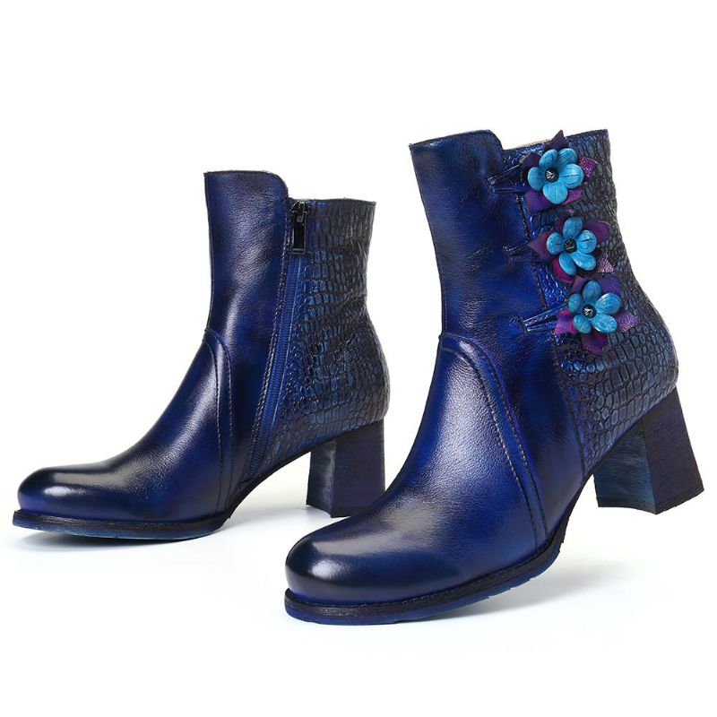 Frauen Retro Handgemachte Blume Leder Stiefeletten