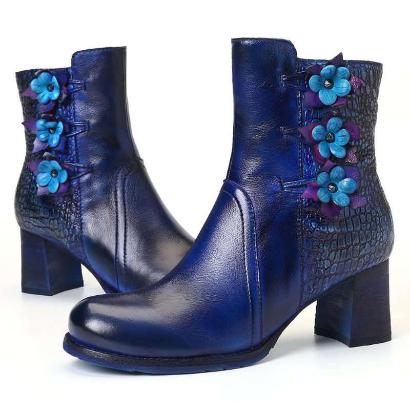 Frauen Retro Handgemachte Blume Leder Stiefeletten