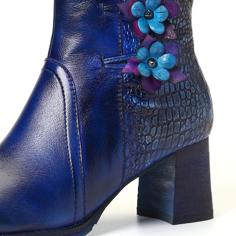 Frauen Retro Handgemachte Blume Leder Stiefeletten