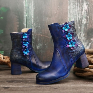 Frauen Retro Handgemachte Blume Leder Stiefeletten